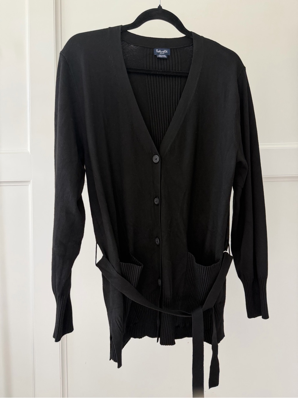 Splendid Black V-Neck Button Front Cardigan with Waist Tie